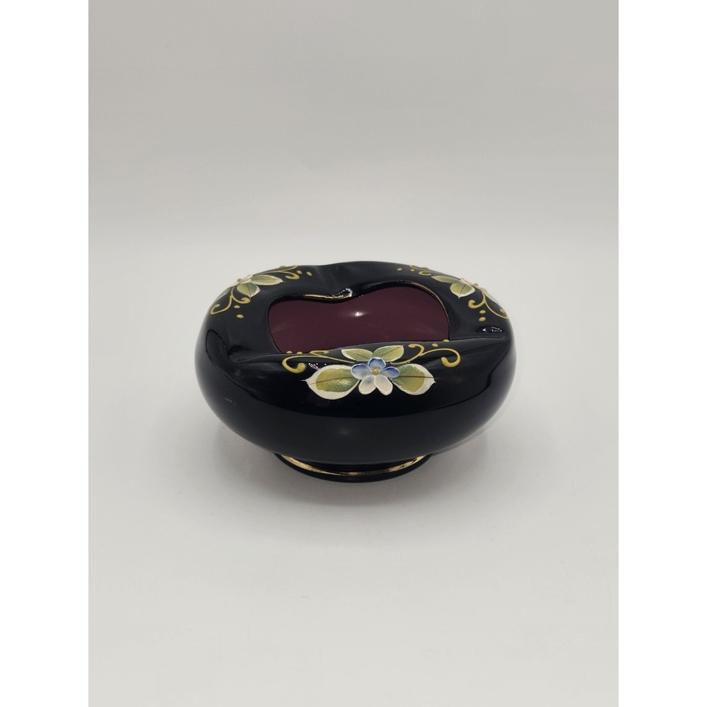 Japanese Art Glass Ashtray Dark Purple Hand Painted Floral Gold Trim